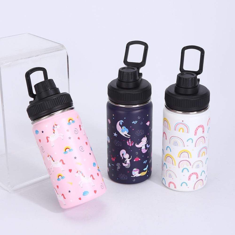 12oz 350ml Kids Cartoon 304 Stainless Steel Water Bottle, Leakproof Straw Insulated Tumbler with Portable Handle Lid