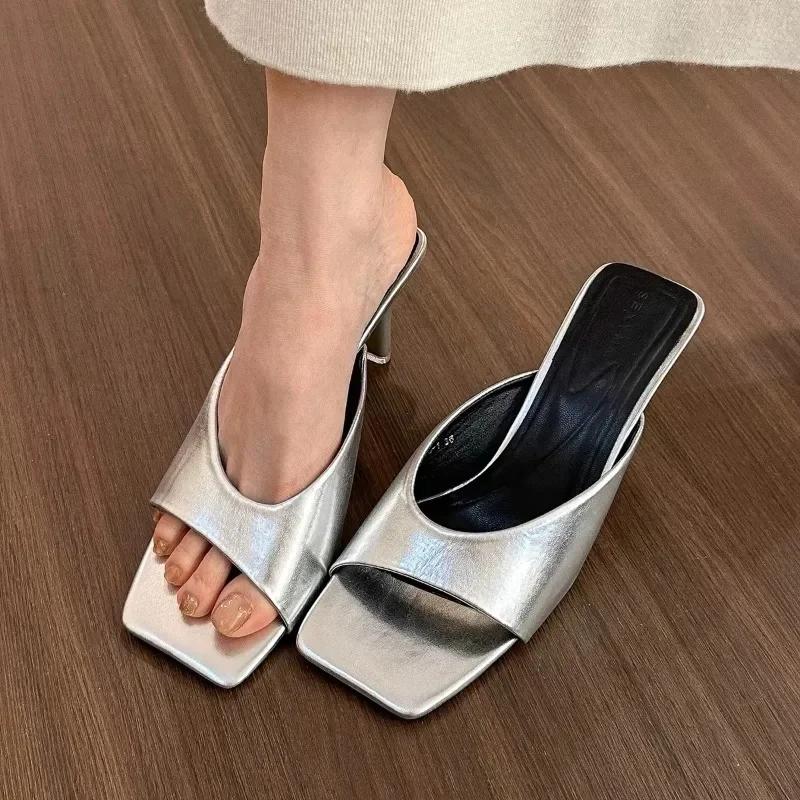 New Summer Women Sandals Square Toe Ladies Heel Mules Sexy High Heels Sandal Slippers Female Fashion Designer Woman Shoes