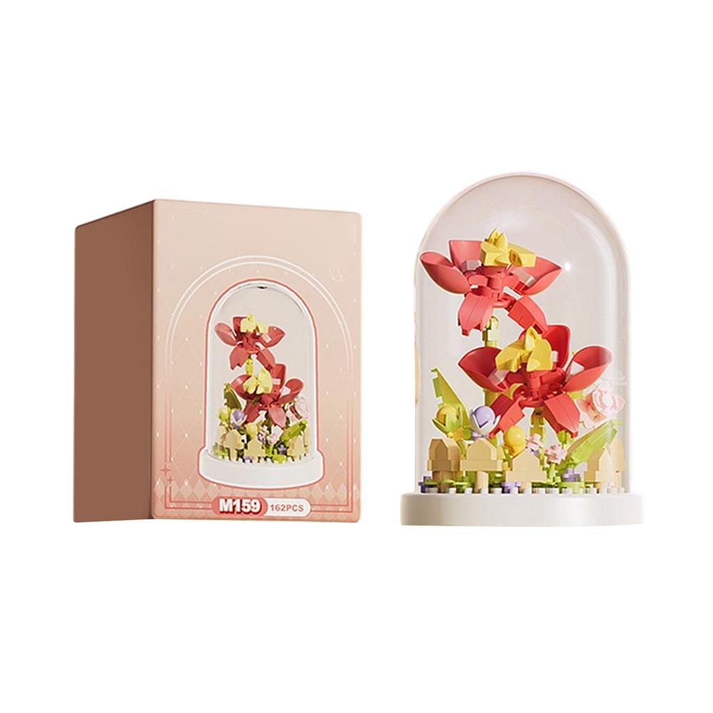 DIY Building Blocks Flower Model Kit with Dome Cover Educational Puzzle Toy for Children and Adults Creative Assembly Decorative Display