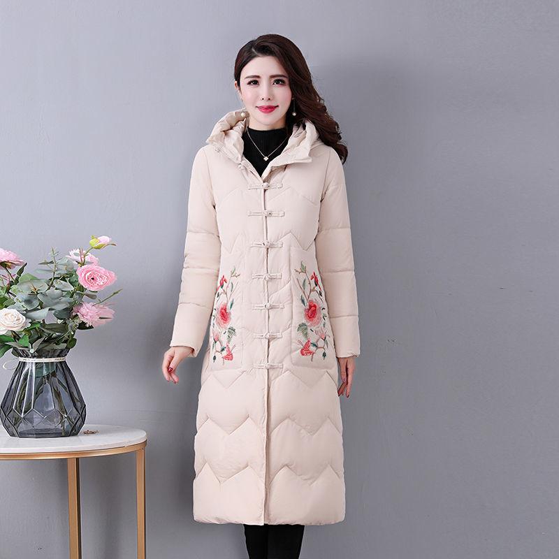 Mother's embroidered cotton-padded clothes with zipper Women's medium and long loose large size down cotton-padded clothes Winter cotton-padded