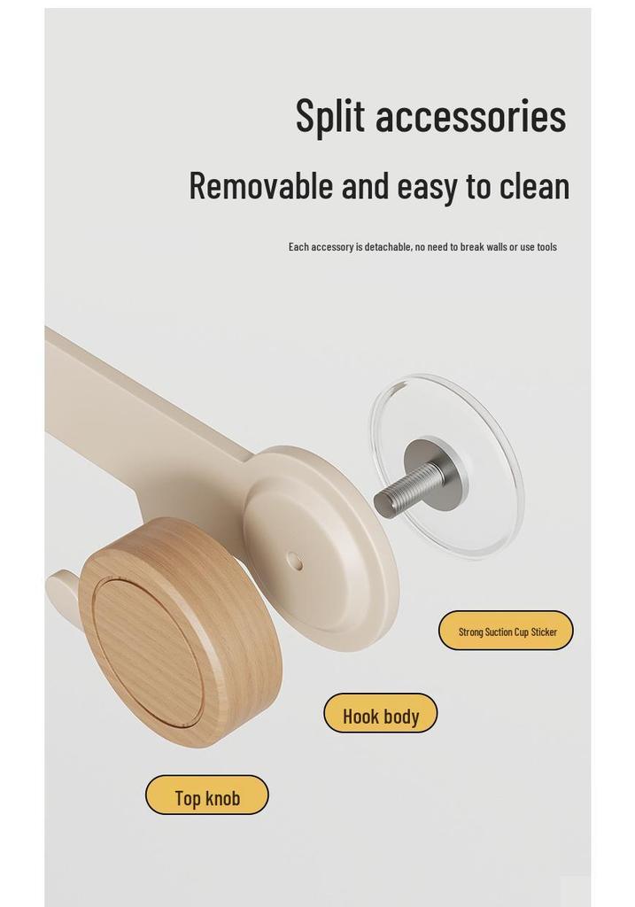 High-Grade No-Drill Adhesive Solid Wood Door Hook Rack for Bathroom and Entryway