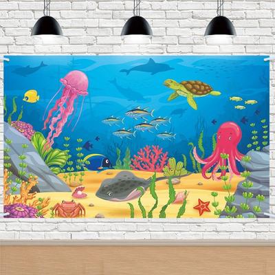 Cartoon Summer Ocean Photography Backdrop Polyester Jellyfish Turtle Party Hanging Banner Celebrate Animal Party Background