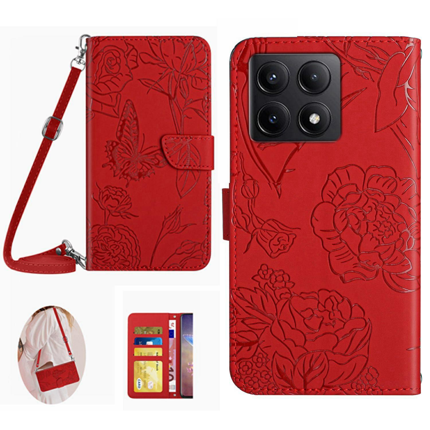 

HT03 For Xiaomi 14T Case Anti-Drop Leather Phone Cover Butterfly Flower Imprint Red
