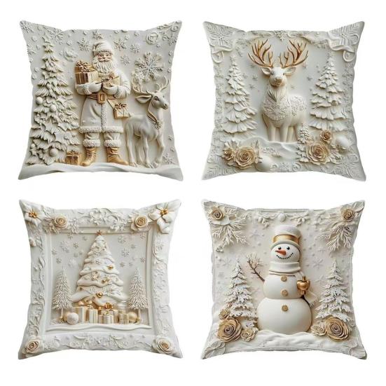 

4Pcs Throw Pillowcase Snowflake Snowman Xmas Tree Pattern Invisible Zipper Design Pillow A