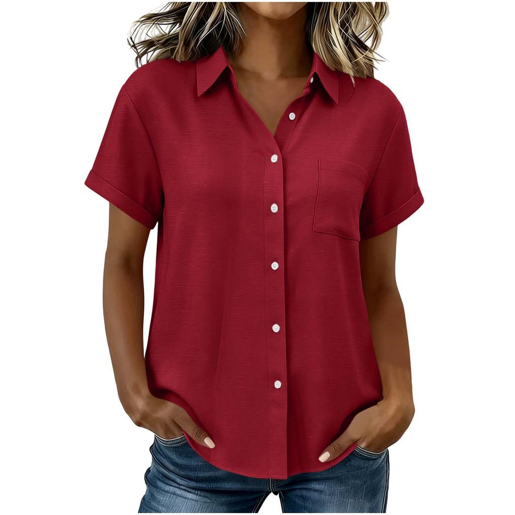 Women's Casual Short Sleeve Button Down Shirt Relaxed Fit Lightweight Blouse with Collar and Front Pocket for Everyday Wear
