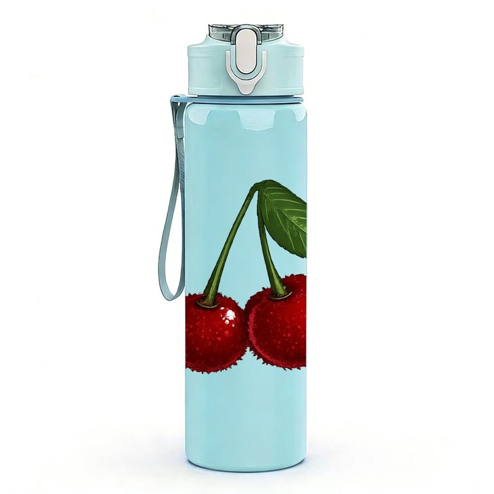 1PC Fresh Red Cherry Fruit Pair Print 750ml Color Plastic Sports Water Bottle Leakproof Flip Straw Lid Suitable for Sports Office Home Use