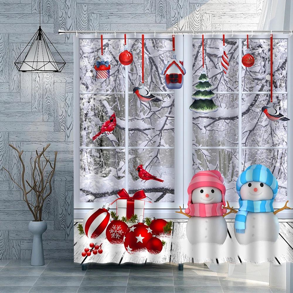 Christmas Shower Curtain Winter Window Snowman Snow Scene Fabric Bathroom Curtain Christmas Tree Xtmas Balls Gifts Bath Decor