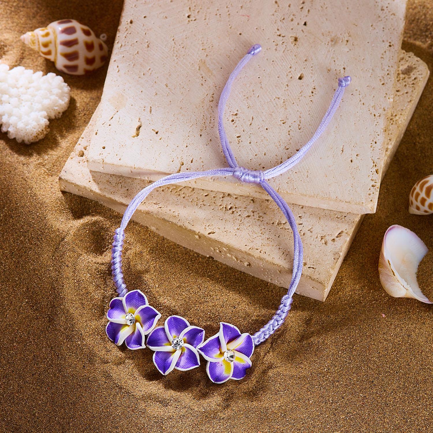 

Boho Hawaiian Flower Bracelet for Women Polymer Clay Beaded Braid Rope Bangle Summer Beach Vacation Zircon Best Friend Gifts