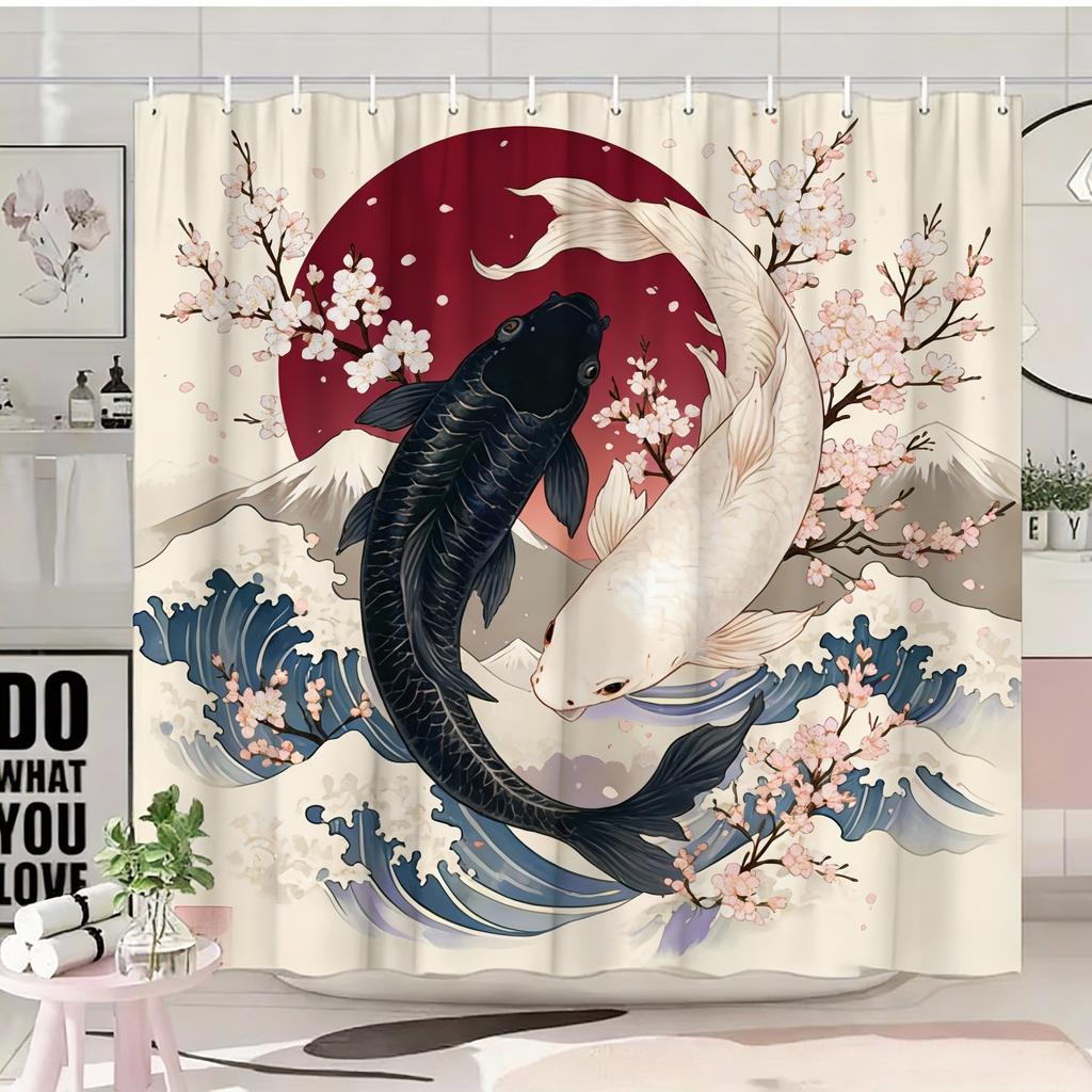 1pc Japanese Ukiyoe Koi Shower Curtain, Cherry Blossom, Red Sun, Snow Mountain Pattern, Easy to Hang, Fashionable Bathroom Decor
