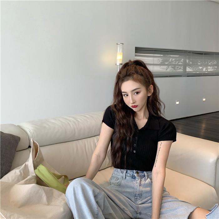 Polo collar white short-sleeved t-shirt women's summer French chic niche design short tights knitted sweater