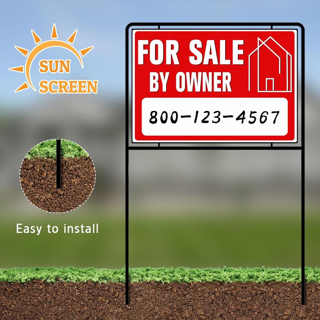 For Sale By Owner Yard Sign with Stakes, 30 inches High, Double-Sided Printing, For Sale By Owner Signs for Real Estate, Yard Sign for Home House