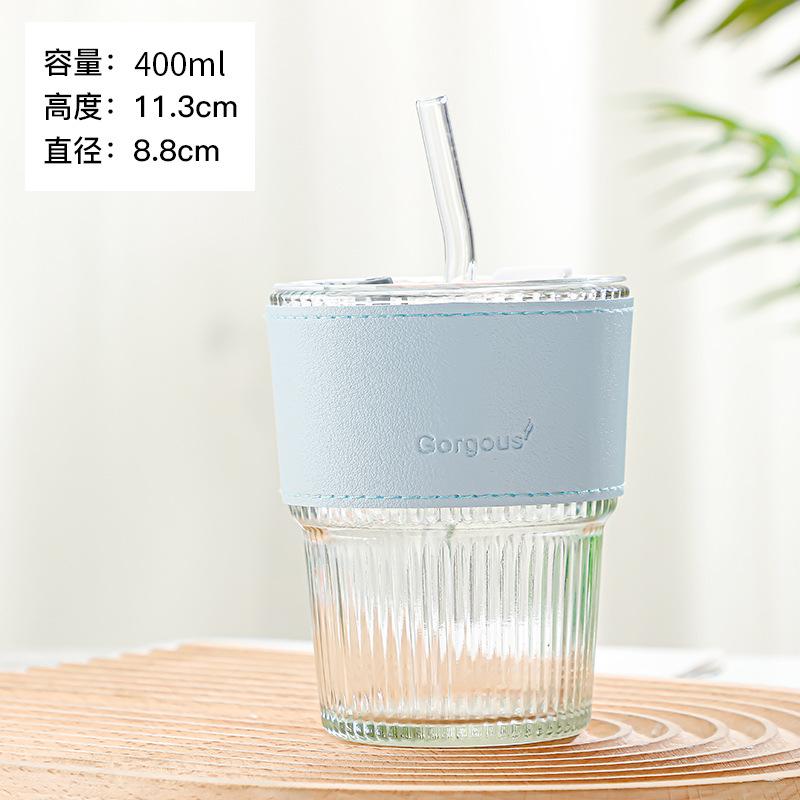 400ml Stripe Glass Cup Transparent Glasses With Lid and Straw Ice Coffee Mug Tea Cup Juice Glass Milk Water Cup Drinkware