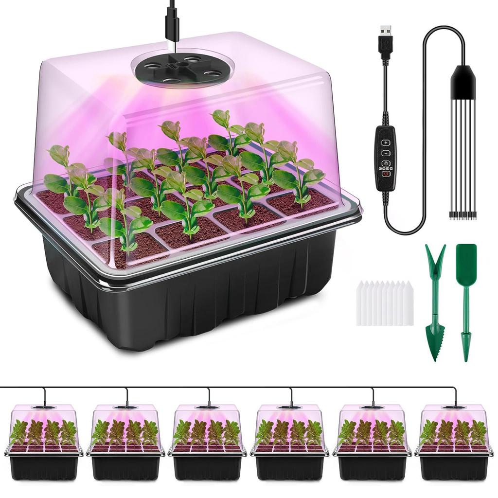 4/6 Packs Full Spectrum Seed Starter Tray with Plant Light Elevated Seedling Starter Trays With Humidity Domes Clear Cell Tray