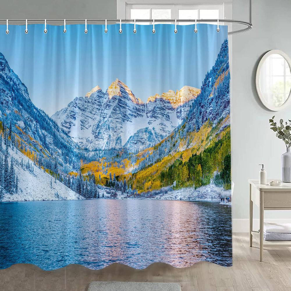 Natürliche Rustikale Landschaft Duschvorhänge See Berg Bäume Blumen Pflanze Badevorhang Für Badezimmer Dekoration Polyester Stoff Set