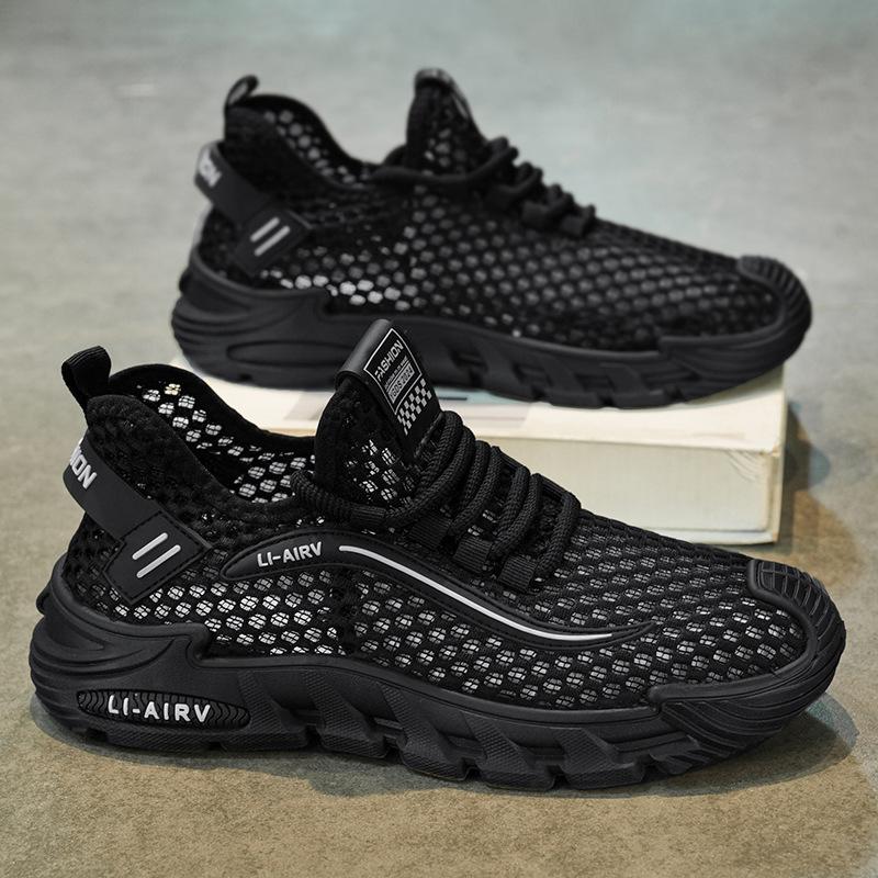 

Обувь мужская летняя 2025 года, новые дышащие удобные сетчатые кроссовки, спортивная трендовая обувь для бега, модная трендовая повседневная обувь 44 чёрный