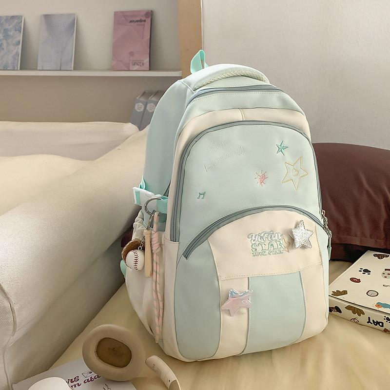 Blocked Letters Color Star Embroidery Pattern Student Backpack With Pendant