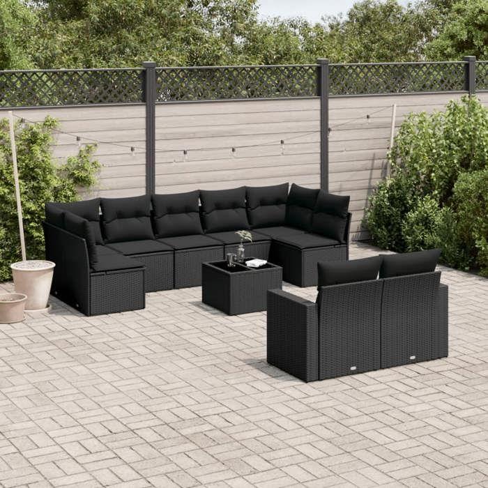 VidaXL Salon de Jardin avec Coussins 10 pcs, Canapés de Terrasse, Ensemble de Meubles de Patio, Mobilier d'Extérieur, Noir 3251762