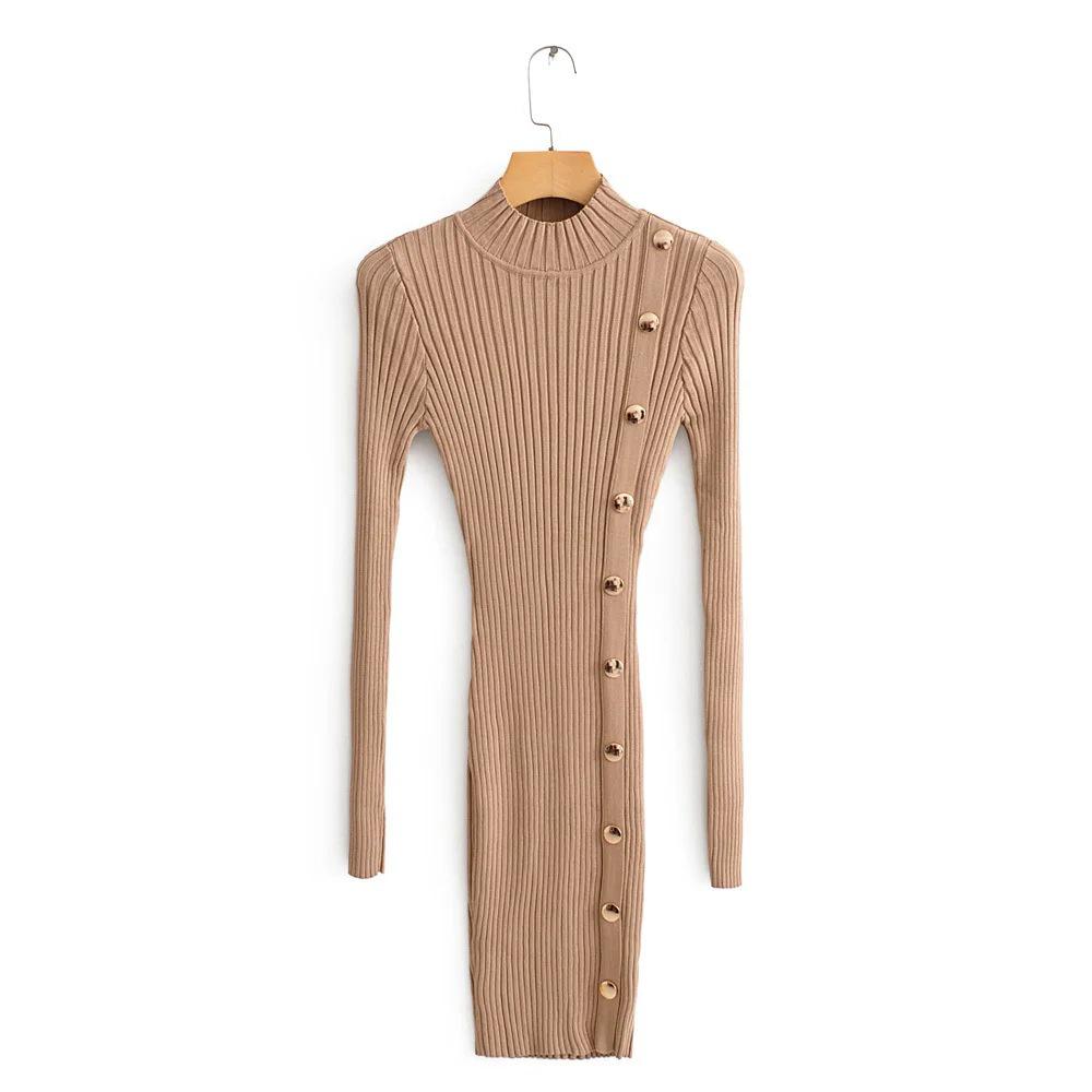 

Elegance Knit Single-Breasted Slim Fit Sweater Dress - Mid-Length Bodycon Skirt One Size хакі