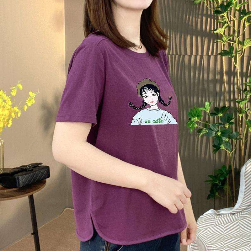 

Women s Cute Floral Print Short Sleeve T-Shirt - Pure Cotton, Loose Fit, Slimming, Age-Reducing Style L