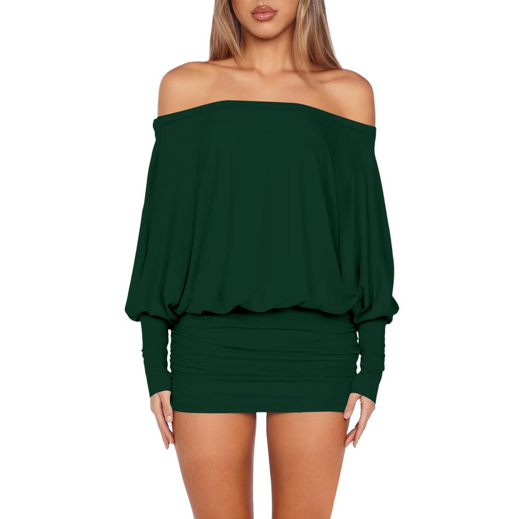 Mini Abito da Donna Scollo a Barca Manica Lunga Casual Vestibilità Larga Pullover Elasticizzato Bodycon