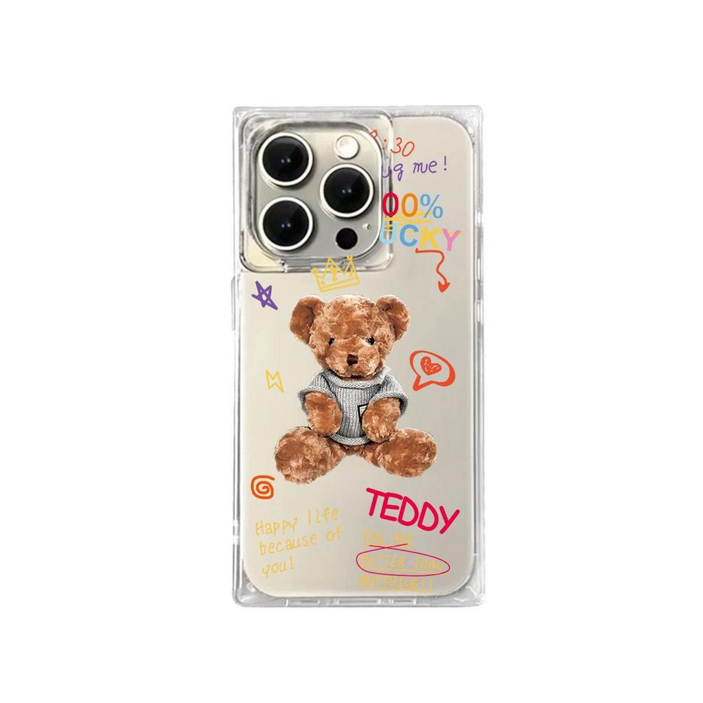 Clear Square Back Tube Case Protection For iPhone 13 12 14 Pro Max 11 15 Plus 16 ProMax Anti-Oxygen,Teddy Bear Pattern Casing