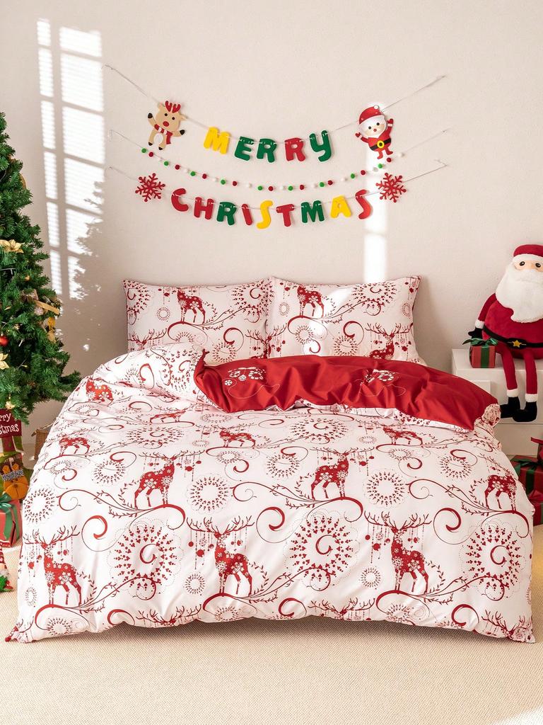 3pcs/Set Christmas Red Grid Santa Claus Snowflake Print Duvet Cover Set(1 Duvet Cover & 2 Pillowcase)Soft And Skin-Friendly