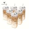 Portable Square Transparent Glass Cup with Lid and Straw for Coffee, Milk, and Breakfast Drinks