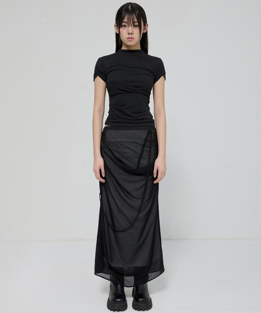 Peulleeoeob Draped Mesh Layered Long Skirt (Fl-264_Black)