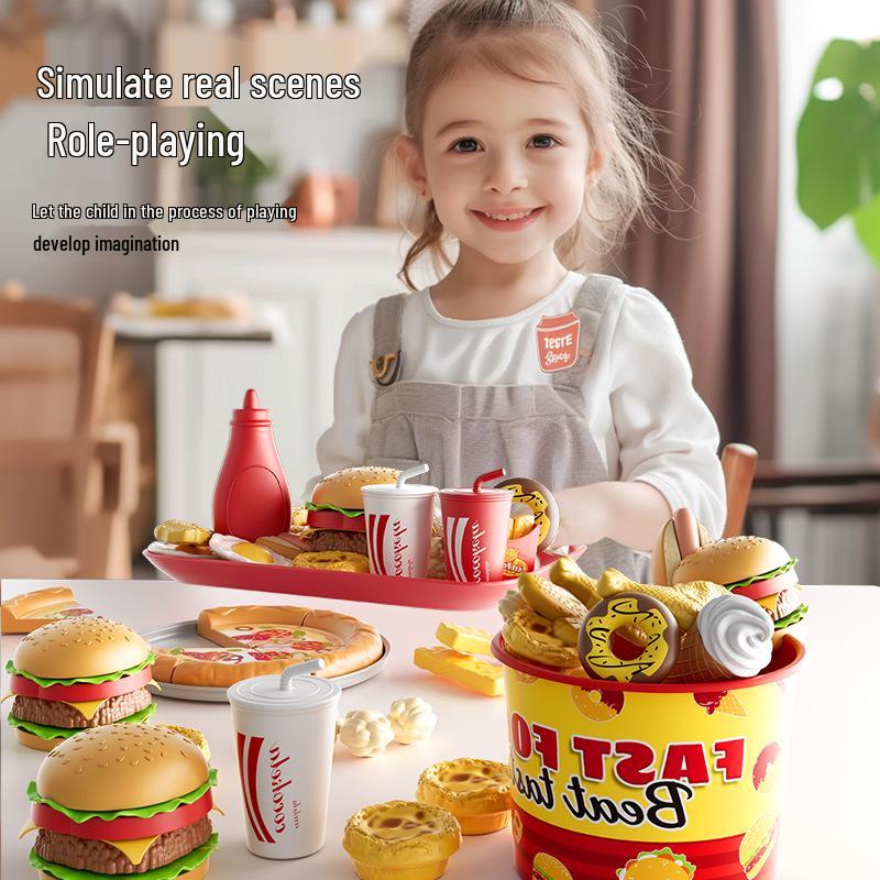 Kids' Pretend Kitchen Playset: Fast Food Pizza & Burger Meal with Fries, Egg Tart, and More