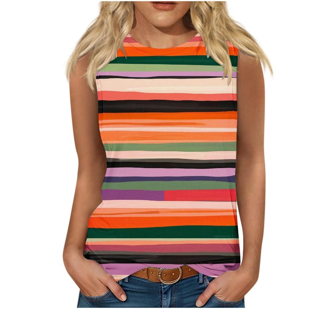 Bunte Streifen 3D-Druck Tanktops Damen Neu O-Ausschnitt Lässige Weste Schulterfrei Y2k Elegant Ärmelloses Top Camisole Damenbekleidung