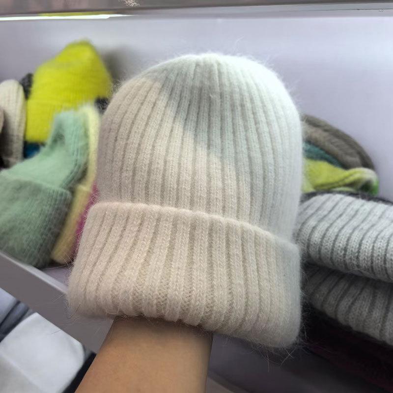 Warm Rabbit Fur Knitted Hat Women's Double-layer Thickened Wool Hat Casual Ear Protection Hat Soft Waxy Headgear Casual Cold Hat Tide