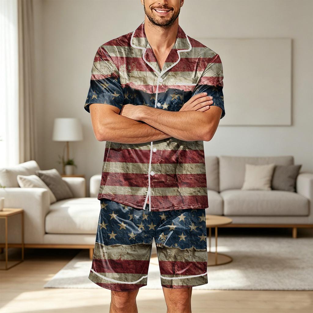 Men's Satin Short Sleeve Pajama Set Two Piece Soft Lightweight Sleepwear with Shorts and Pockets Button Down Top Lounge Suit
