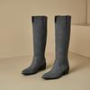 Grey Black Women Knee High Boots High Square Heel Small Big Size 32 48