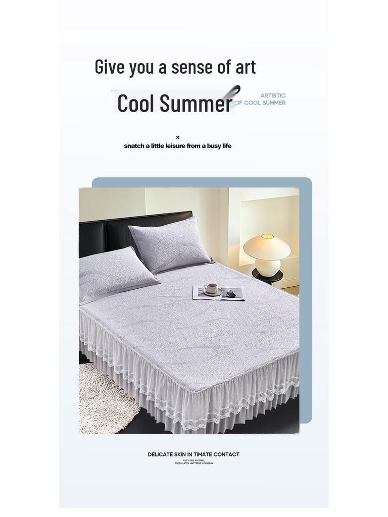 Machine-Washable Ice Silk Bed Skirt & Jacquard Cool Mat Set - Foldable, Soft Summer Air Conditioning Mat for Home Use