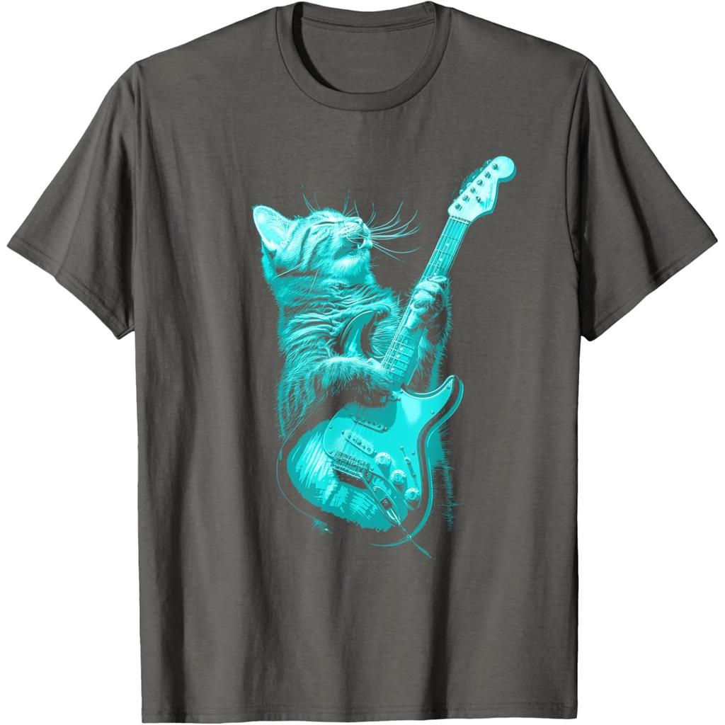Funny Rock Cat Playing Electric Guitar Graphic Print Men's Cotton Casual T-Shirt