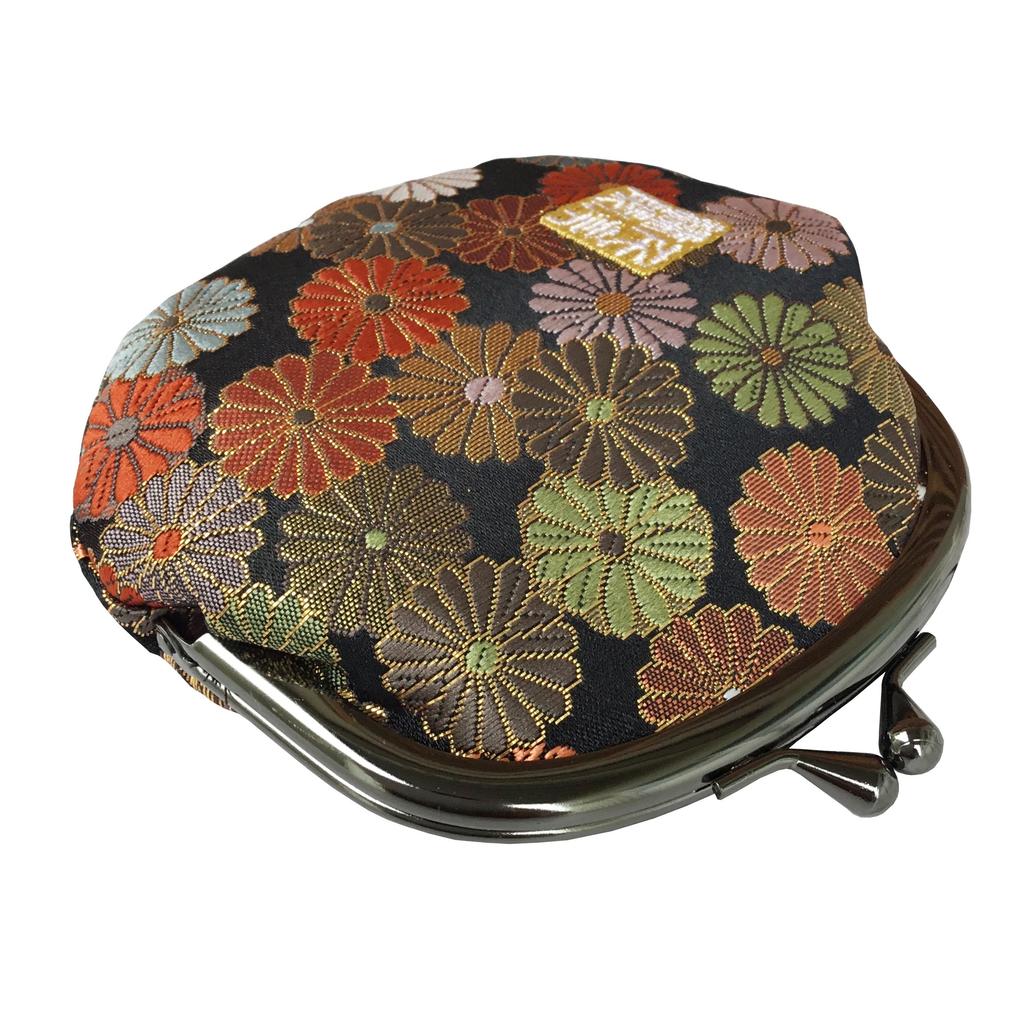 Senshishuin Nishijin Brokatverschluss Runde Geldbörse Chrysantheme in voller Blüte 3,5-Zoll Geldbörse/Münzbeutel (Gefüttert) (Schwarze Blüte)