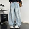 Lichtblauwe gescheurde machete jeans heren Amerikaanse high-end broek rechte losse wijde pijpen broek