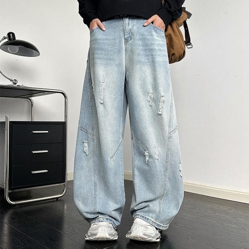 Lichtblauwe gescheurde machete jeans heren Amerikaanse high-end broek rechte losse wijde pijpen broek