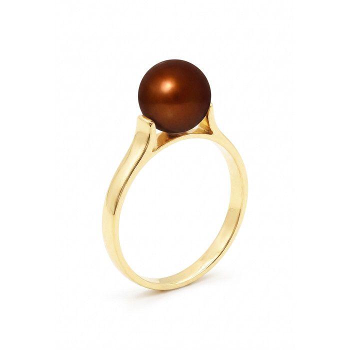 Bague - Pearls & Colors - Véritable Perle d'Eau Douce 7-8 mm - Chocolat - Or Jaune 375/1000 - Qualité AAA+