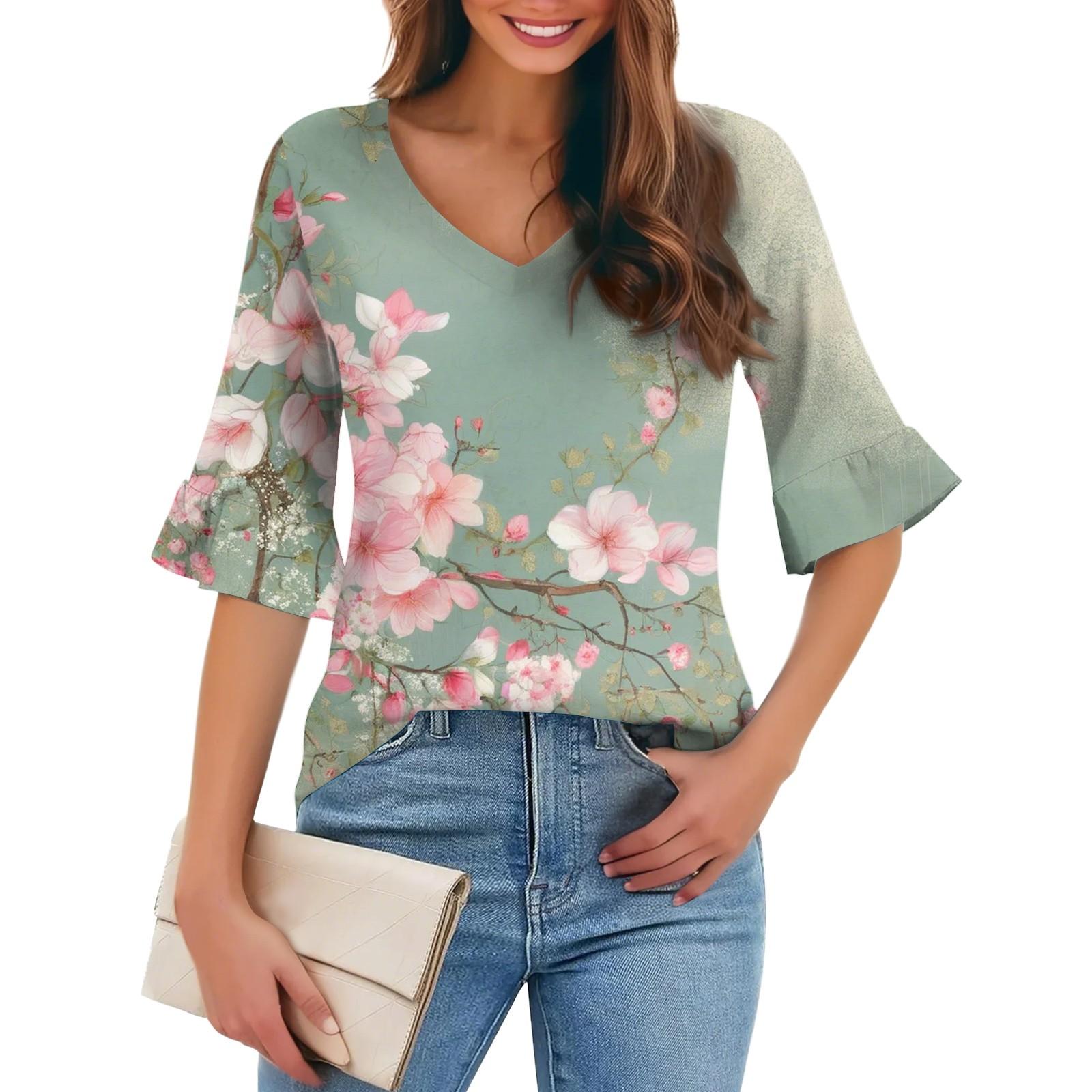 

Жіночий повсякденний модний пуловер з V-подібним вирізом Вільна футболка з квітковими рукавами з п’ятиточковим вирізом XXXL