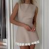 Women Black White Contrast Sleeveless Round Neck Mini Dress Pleated Hem Patchwork Slim Fit Elegant Evening Party Casual Vacation Short Dress