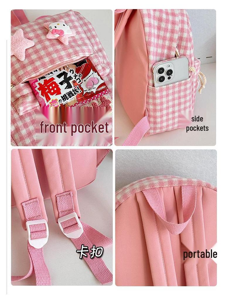 Large Capacity Pink Plaid Japanese Cute KT Girls' School Backpack