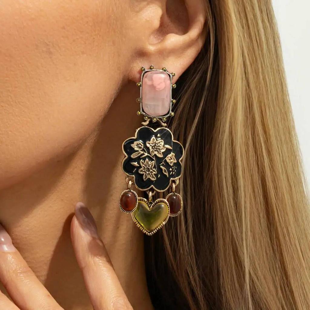 SHIXIN Vintage Acrylic Love Heart Flower Drop Earrings for Women Unique Irregular Geometric Pendant Earrings New Fashion Jewelry