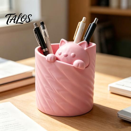 Talos 3D Printed Pen Holder, Cat Shape Large Capacity Hollow Barrel Desk Organizer for Gel Pens Pencils Makeup Brushes, Cute Girlish Decor Gift