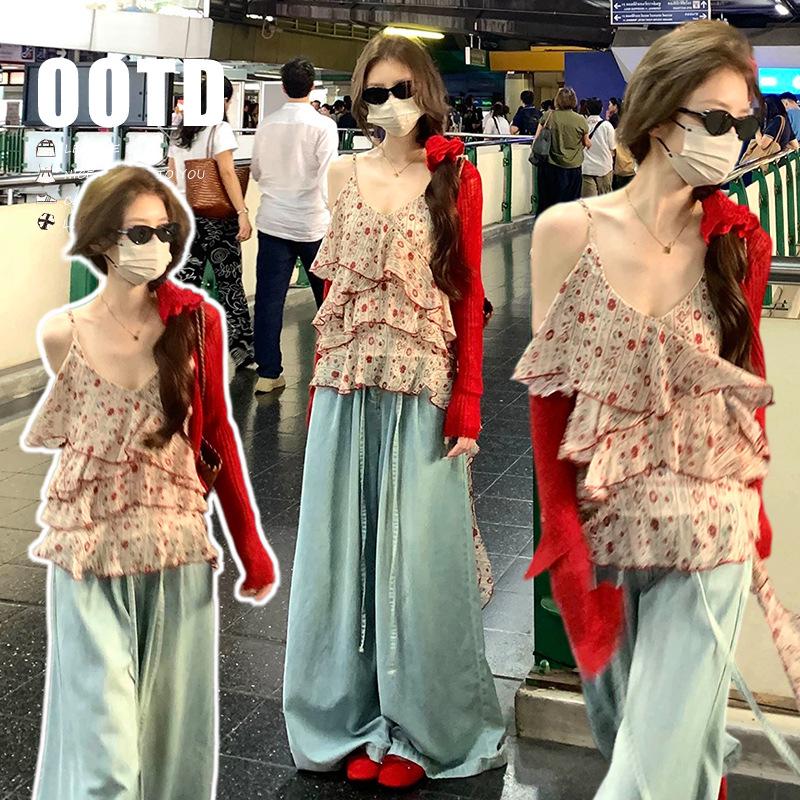 

2026 Spring/Summer Floral Strap Top + Red Sun Protection Cardigan + Washed Denim Wide-Leg Pants Set L