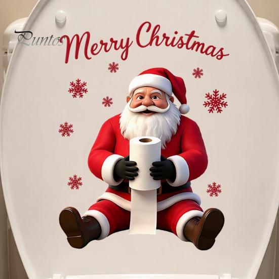Festive Party Wall Murals Santa Claus Toilet Sticker, Waterproof PVC Christmas Bathroom Decal for Decorative Snowflake Appliques Home Decoration,