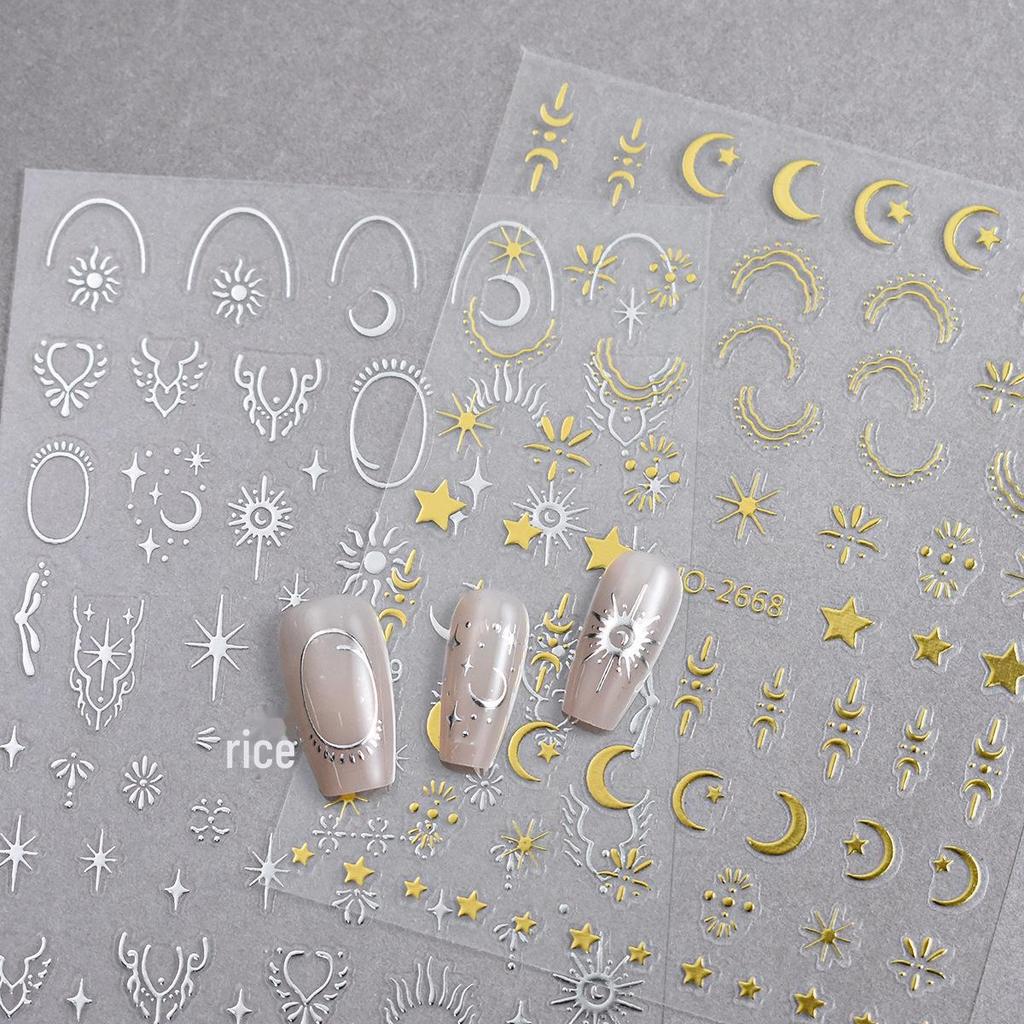 Gold & Silver Star and Moon Nail Art Stickers: Trendy Starburst Design