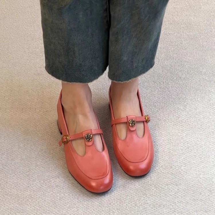 Soft leather shoes women's retro Mary Jane shoes small leather shoes new T-button pink single shoes light mouth women's shoes