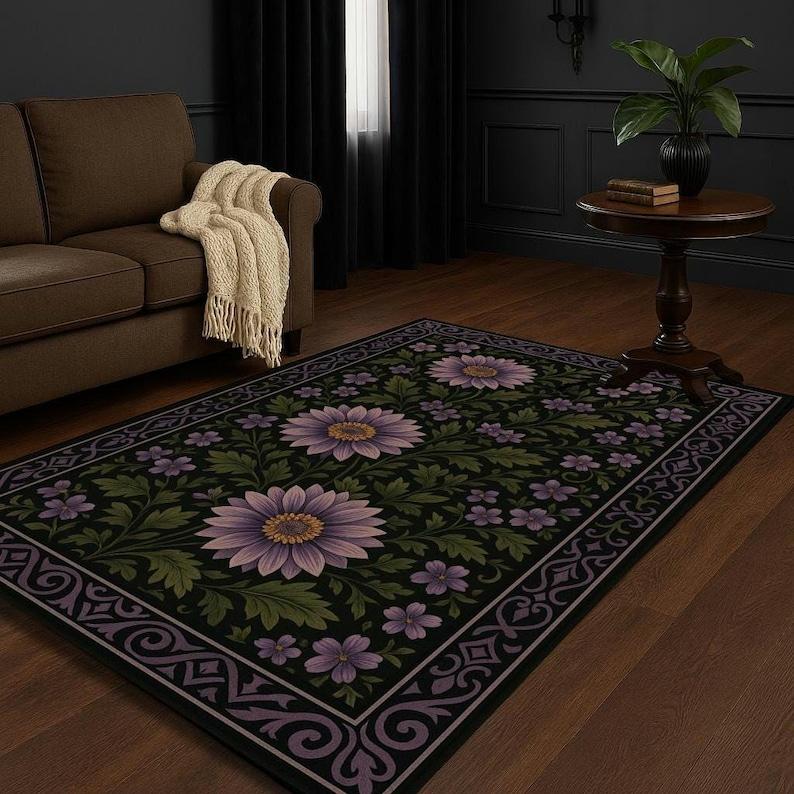 Lila Floraler Bereichsteppich Dunkler Botanischer Teppich für Wohnzimmer, Gotische Ästhetik Heimdekor