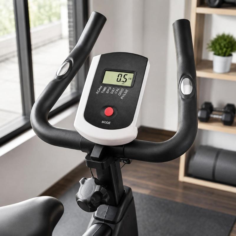 Exercise Equipment Monitor with LCD Workout Data Display, Single Mode Button, ABS Housing, and Attached Cable Leads with End Fittings